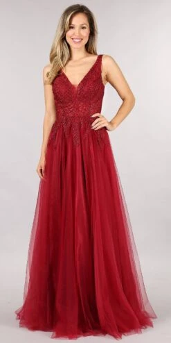 Juno 933 Embroidered Long Prom Dress V-Neck And Back(Embroidered Long Prom Dress V Neck And Back Dusty Rose) -Dress Promotion Store 933 juno burgundy