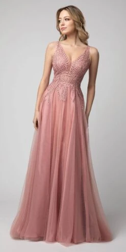 Juno 933 Embroidered Long Prom Dress V-Neck And Back(Embroidered Long Prom Dress V Neck And Back Dusty Rose)