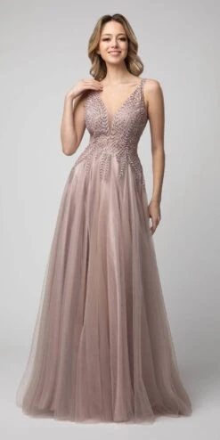 Juno 933 Embroidered Long Prom Dress V-Neck And Back(Embroidered Long Prom Dress V Neck And Back Dusty Rose) -Dress Promotion Store 933 juno mauve