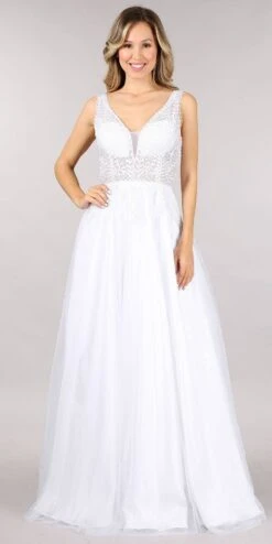 Juno 933 Embroidered Long Prom Dress V-Neck And Back(Embroidered Long Prom Dress V Neck And Back Dusty Rose) -Dress Promotion Store 933 juno white