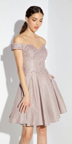 Eureka Fashion 9366 Short Off The Shoulder Shimmer Jersey A-line Dress(Eureka Fashion 9366 Short Off The Shoulder Shimmer Jersey A Line Dress) -Dress Promotion Store 9366 rose gold