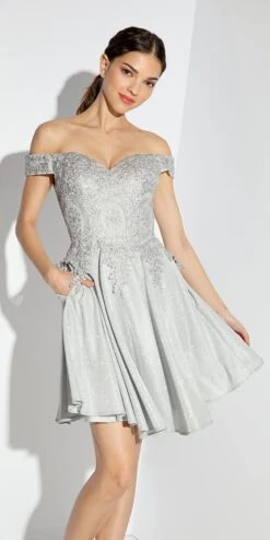 Eureka Fashion 9366 Short Off The Shoulder Shimmer Jersey A-line Dress(Eureka Fashion 9366 Short Off The Shoulder Shimmer Jersey A Line Dress) -Dress Promotion Store 9366 silver