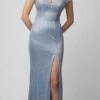 Juno 938 Metallic Off-Shoulder Long Dress With Slit(Metallic Blue Off Shoulder Long Prom Dress With Slit)