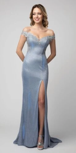 Juno 938 Metallic Off-Shoulder Long Dress With Slit(Metallic Blue Off Shoulder Long Prom Dress With Slit)