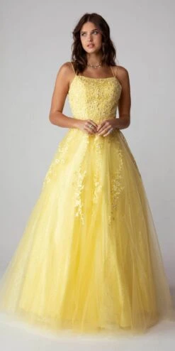 Eureka 9757 Lace Embroidery Glitter Ball Gown Lace-Up Back(Appliqued Ivory Prom Ball Gown Lace Up Back) -Dress Promotion Store 9757Yellow 4
