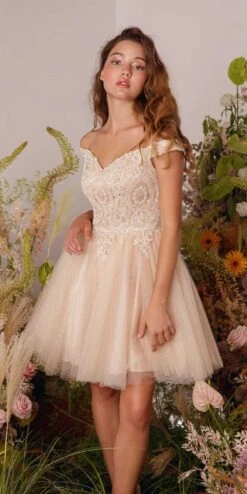 Eureka 9833 Short A-Line Off Shoulder Glitter Mesh Dress(Eureka 9833 Short A Line Off Shoulder Glitter Mesh Dress) -Dress Promotion Store 9833Champagne 3