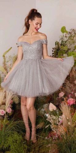 Eureka 9833 Short A-Line Off Shoulder Glitter Mesh Dress(Eureka 9833 Short A Line Off Shoulder Glitter Mesh Dress) -Dress Promotion Store 9833Silver 1