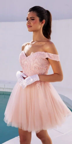 Eureka 9833 Short A-Line Off Shoulder Glitter Mesh Dress(Eureka 9833 Short A Line Off Shoulder Glitter Mesh Dress) -Dress Promotion Store 9833 eureka blush