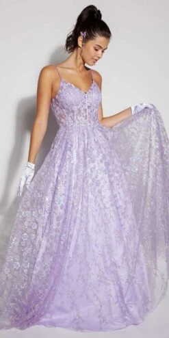 Eureka Fashion 9908 Long A-Line Glitter Tulle Prom Gown Floral Print(Eureka Fashion 9908 Long A Line Glitter Tulle Prom Gown Floral Print) -Dress Promotion Store 9908 lilac