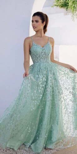 Eureka Fashion 9908 Long A-Line Glitter Tulle Prom Gown Floral Print(Eureka Fashion 9908 Long A Line Glitter Tulle Prom Gown Floral Print) -Dress Promotion Store 9908 sage