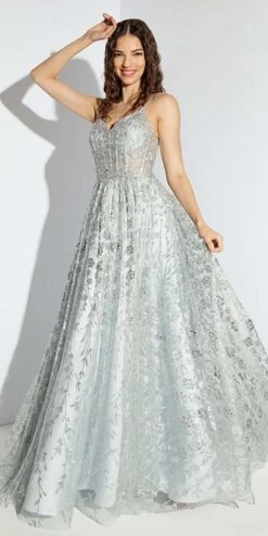 Eureka Fashion 9908 Long A-Line Glitter Tulle Prom Gown Floral Print(Eureka Fashion 9908 Long A Line Glitter Tulle Prom Gown Floral Print) -Dress Promotion Store 9908 silver