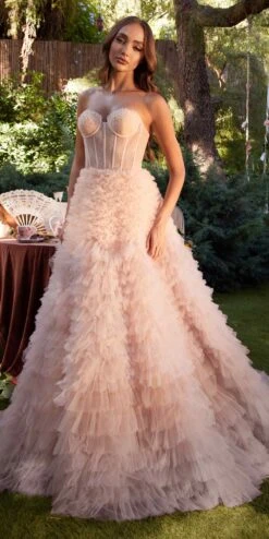 Andrea & Leo A0767 Tiered Long Formal Dress Corset Back Strapless(Blush Tiered Long Wedding Dress Corset Back Strapless)