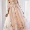 Andrea & Leo A0862 Tea-Length Tulle Embroidered Lace Dress Long Sleeves(Blush Tea Length Prom Dress With Illusion Long Sleeves)