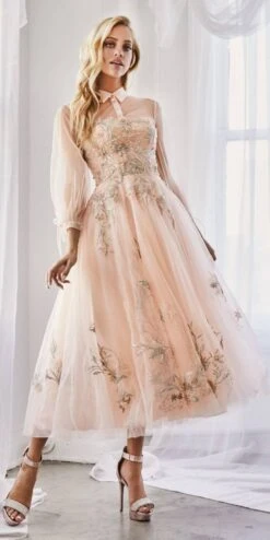 Andrea & Leo A0862 Tea-Length Tulle Embroidered Lace Dress Long Sleeves(Blush Tea Length Prom Dress With Illusion Long Sleeves)