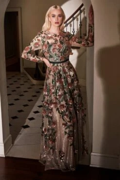 Andrea & Leo A0926 Long Sleeved Evening Gown With Floral Appliques(Andrea And Leo A0926 Dress Copper Long Sleeved Prom Gown With Floral Appliques)