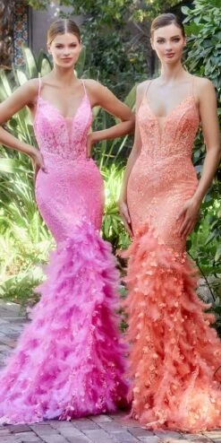 Andrea & Leo A1116 Floor Length Feathered Mermaid Gown(Andrea Leo A1116 Floor Length Feathered Mermaid Gown) -Dress Promotion Store A1116 HOTPINK NEONORANGE