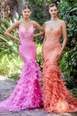 Andrea & Leo A1116 Floor Length Feathered Mermaid Gown(Andrea Leo A1116 Floor Length Feathered Mermaid Gown) -Dress Promotion Store A1116 HOTPINK NEONORANGE Copy