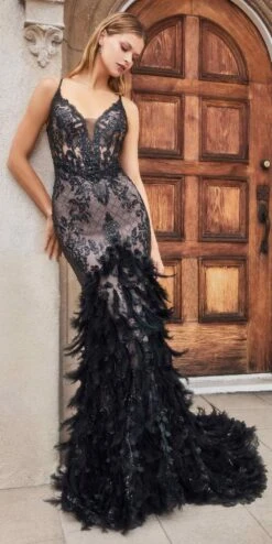 Andrea & Leo A1116 Floor Length Feathered Mermaid Gown(Andrea Leo A1116 Floor Length Feathered Mermaid Gown) -Dress Promotion Store A1116 black