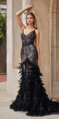 Andrea & Leo A1116 Floor Length Feathered Mermaid Gown(Andrea Leo A1116 Floor Length Feathered Mermaid Gown) -Dress Promotion Store A1116 black 1