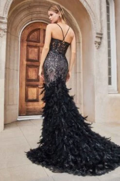 Andrea & Leo A1116 Floor Length Feathered Mermaid Gown(Andrea Leo A1116 Floor Length Feathered Mermaid Gown) -Dress Promotion Store A1116 black 2