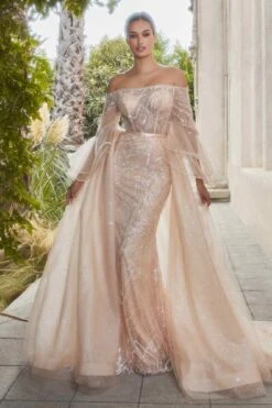 Andrea & Leo A1175 Glass Bead Flared Sleeve Gown With Detachable Skirt(Andrea Leo A1175 Glass Bead Flared Sleeve Gown With Detachable Skirt) -Dress Promotion Store A1175 champagne