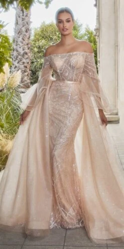 Andrea & Leo A1175 Glass Bead Flared Sleeve Gown With Detachable Skirt(Andrea Leo A1175 Glass Bead Flared Sleeve Gown With Detachable Skirt)