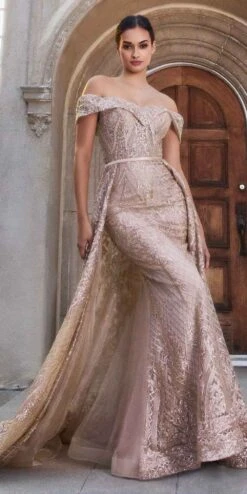 Andrea & Leo A1200 Sequin Lace Off The Shoulder Gown With Overskirt(Andrea Leo A1200 Sequin Lace Off The Shoulder Gown With Overskirt)