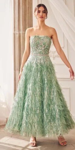 Andrea & Leo A1226 Tea Length Feather Skirt Strapless Beaded Gown(Andrea Leo A1226 Tea Length Feather Skirt Strapless Beaded Gown)
