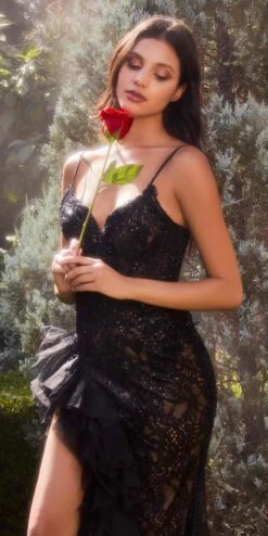 Andrea & Leo A1228 Long Fitted Black Lace Gown High Leg Slit(Andrea Leo A1228 Long Fitted Black Lace Gown High Leg Slit) -Dress Promotion Store A1228 black nude 1