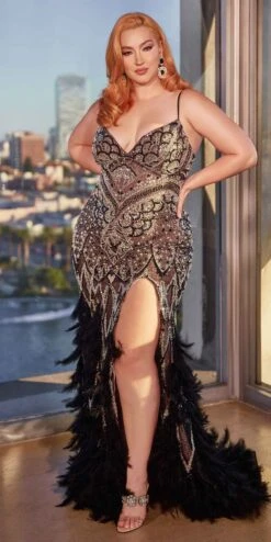 Andrea & Leo A1229 Long Fitted Feather And Bead Embellished Mermaid Gown(Andrea Leo A1229 Long Fitted Feather And Bead Embellished Mermaid Gown) -Dress Promotion Store A1229c blacknude