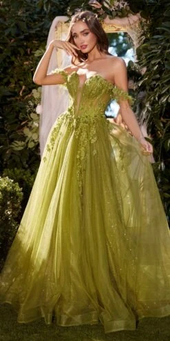 Andrea & Leo A1237 Long Off The Shoulder A-Line Tulle Boned Gown(Andrea Leo A1237 Long Off The Shoulder A Line Tulle Boned Gown) -Dress Promotion Store A1237 leafgreen