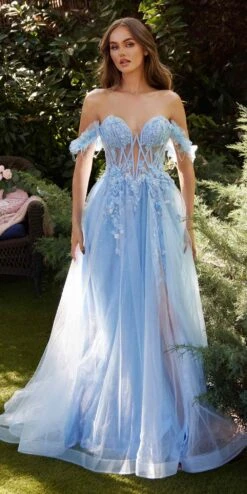 Andrea & Leo A1237 Long Off The Shoulder A-Line Tulle Boned Gown(Andrea Leo A1237 Long Off The Shoulder A Line Tulle Boned Gown)