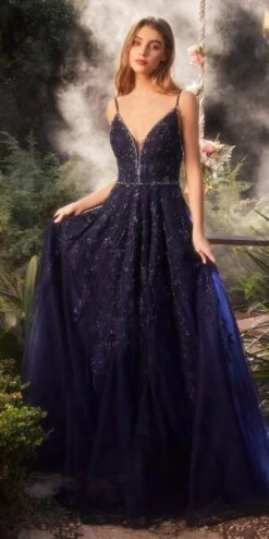 Andrea & Leo A1251 Long V-Neckline Lace Applique A-Line Ball Gown(Andrea Leo A1251 Long V Neckline Lace Applique A Line Ball Gown) -Dress Promotion Store A1251 navy