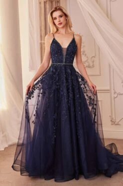 Andrea & Leo A1251 Long V-Neckline Lace Applique A-Line Ball Gown(Andrea Leo A1251 Long V Neckline Lace Applique A Line Ball Gown) -Dress Promotion Store A1251 navy 1