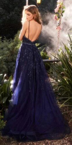 Andrea & Leo A1251 Long V-Neckline Lace Applique A-Line Ball Gown(Andrea Leo A1251 Long V Neckline Lace Applique A Line Ball Gown) -Dress Promotion Store A1251 navy 2