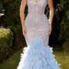Andrea & Leo A1298 Long Beaded Mermaid Gown With Faux Feather Train(Andrea Leo A1298 Long Beaded Mermaid Gown With Faux Feather Train)