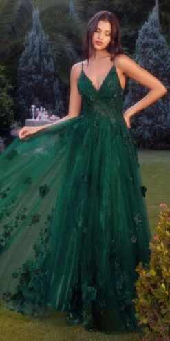 Andrea & Leo A1326 Long Tulle A-Line Floral Applique Gown(Andrea Leo A1326 Long Tulle A Line Floral Applique Gown) -Dress Promotion Store A1326 emerald