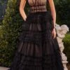 Andrea & Leo A1335 Long Halter Chocker Layered Ruffle Tiered Gown(Andrea Leo A1335 Long Halter Chocker Layered Ruffle Tiered Gown) -Dress Promotion Store A1335 black nude