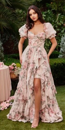 Andrea & Leo A1336 Long Floral Print Puff Sleeve A-line Gown(Andrea Leo A1336 Long Floral Print Puff Sleeve A Line Gown)