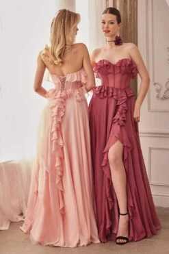 Andrea & Leo A1341 Long Strapless Chiffon Ruffle A-Line Dress(Andrea Leo A1341 Long Strapless Chiffon Ruffle A Line Dress) -Dress Promotion Store A1341 blush rosewood 2