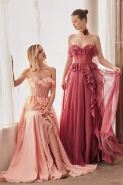 Andrea & Leo A1341 Long Strapless Chiffon Ruffle A-Line Dress(Andrea Leo A1341 Long Strapless Chiffon Ruffle A Line Dress) -Dress Promotion Store A1341 blush rosewood 3