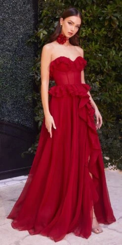 Andrea & Leo A1341 Long Strapless Chiffon Ruffle A-Line Dress(Andrea Leo A1341 Long Strapless Chiffon Ruffle A Line Dress) -Dress Promotion Store A1341 red