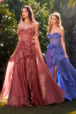 Andrea & Leo A1341 Long Strapless Chiffon Ruffle A-Line Dress(Andrea Leo A1341 Long Strapless Chiffon Ruffle A Line Dress) -Dress Promotion Store A1341 rosewood blue 2