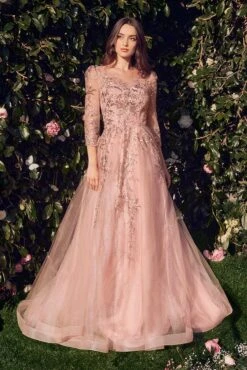 Andrea & Leo A1352 Three Quarter Sleeve Lace & Tulle Ball Gown(Andrea Leo A1352 Three Quarter Sleeve Lace Tulle Ball Gown)