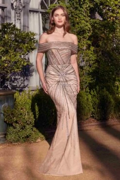 Andrea & Leo A1353 Dress Off The Shoulder Beaded Gold-Silver Gown(Andrea Leo A1353 Dress Off The Shoulder Beaded Gold Silver Gown)