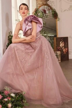 Andrea & Leo A1373 Dress One Shoulder Rosette Mauve Ball Gown(Andrea Leo A1373 Dress One Shoulder Rosette Mauve Ball Gown) -Dress Promotion Store A1373 ANDREA AND LEO MAUVE
