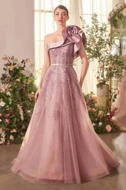 Andrea & Leo A1373 Dress One Shoulder Rosette Mauve Ball Gown(Andrea Leo A1373 Dress One Shoulder Rosette Mauve Ball Gown)