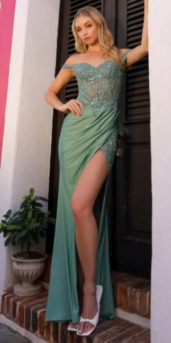 Nox Anabel A1373 Long Off The Shoulder Embroidered Bodice Satin Gown(Nox Anabel A1373 Long Off The Shoulder Embroidered Bodice Satin Gown) -Dress Promotion Store A1373SAGEGREEN 1