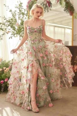 Andrea & Leo A1420 Dress Sage Floral Print Layered A-Line Gown(Andrea Leo A1420 Dress Sage Floral Print Layered A Line Gown)