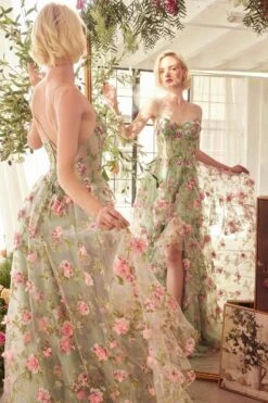 Andrea & Leo A1420 Dress Sage Floral Print Layered A-Line Gown(Andrea Leo A1420 Dress Sage Floral Print Layered A Line Gown) -Dress Promotion Store A1420 ANDREA AND LEO SAGE MIRROR